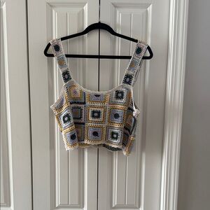 QED London Crochet Square-Panel Crop Top — White, Yellow, Green, Pink